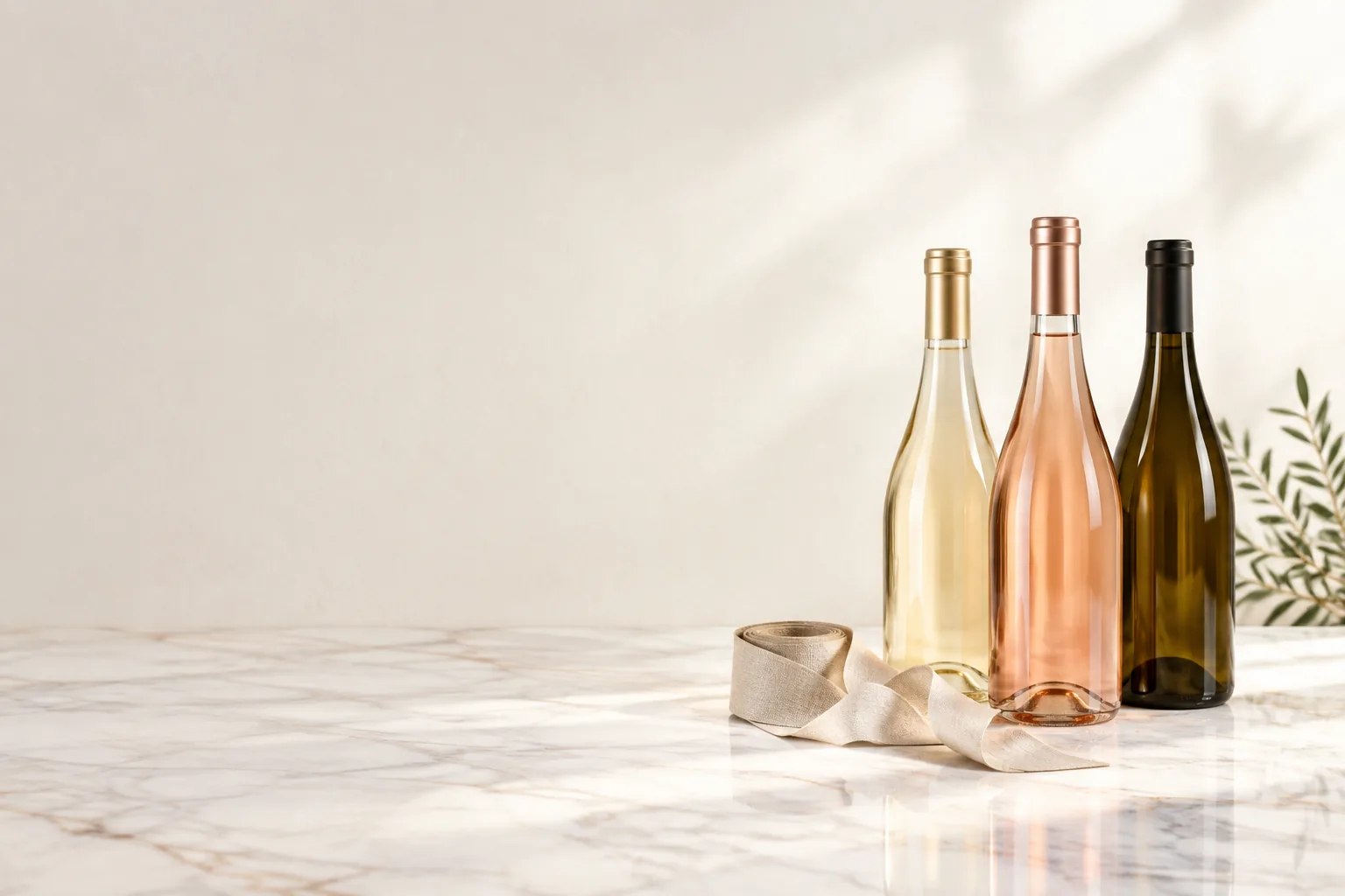 Unbranded spirits and wine bottles on a limestone counter